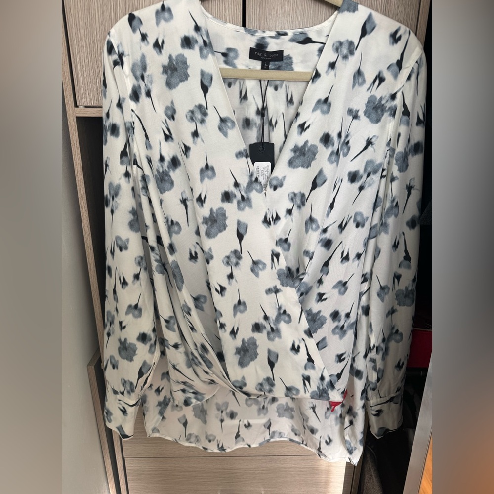 Rag & Bone Victor Printed Blouse White Floral Silk Blend Size L NWT MSRP $350